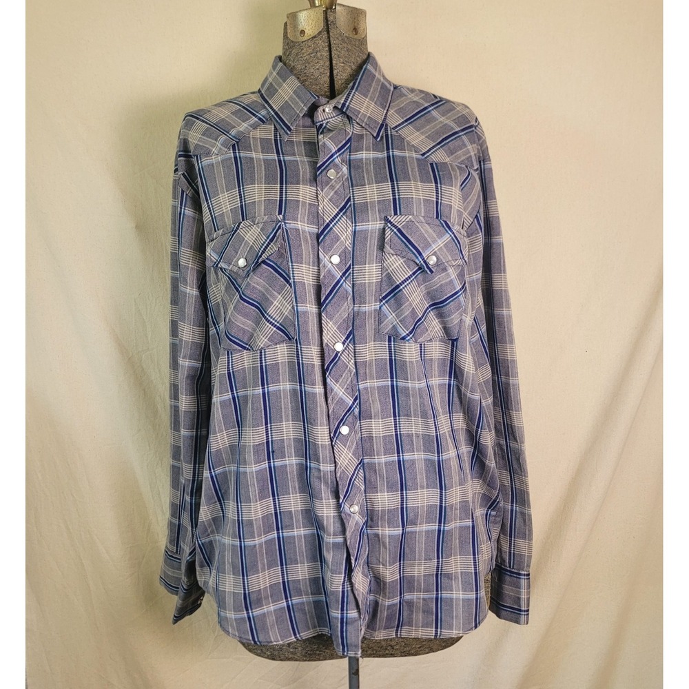 Vintage 70s Rancher Western Wear Mens Button Up Blue Plaid Pearl Snap Size L USA